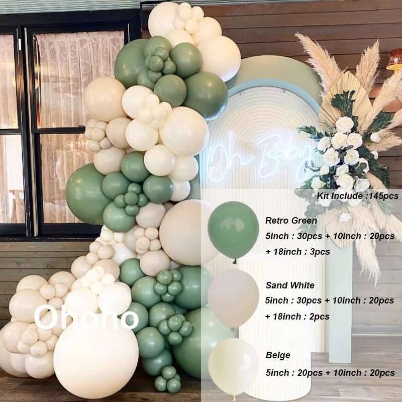 Kit Arche de Ballons Vert Sauge et Sable, vert sauge, blanc sable et beige, 145 pièces