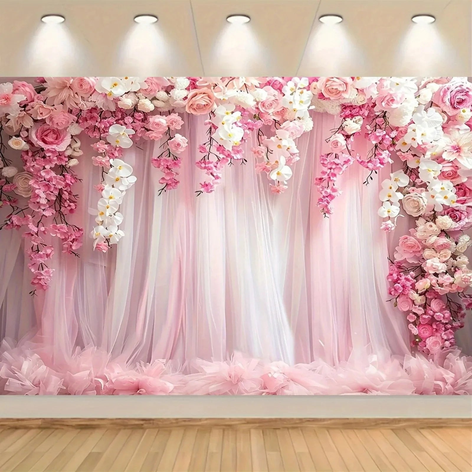 Toile de Fond Mariage Fleurs et Voilage Roses, Polyester, vue d'ensemble