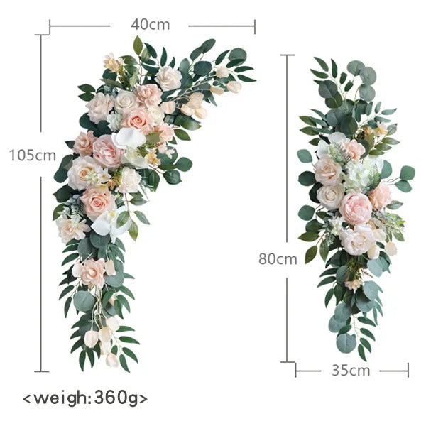 Compositions florales et voilages rustiques pour arche de mariage, article fleurs pêche et rose pâle, eucalyptus