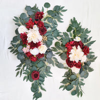 Fleurs et Voilages pour Arche de Mariage, paire de compositions, rouge, bordeaux et crème