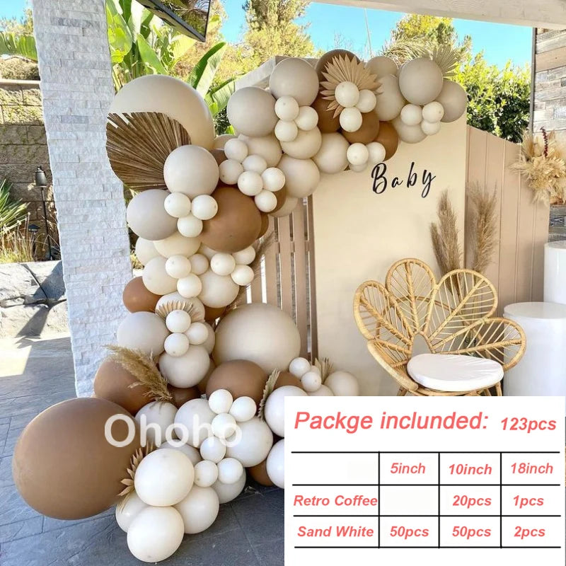 Kit Arche de Ballons Blanc Sable et Beige, café et blanc sable, 123 pièces