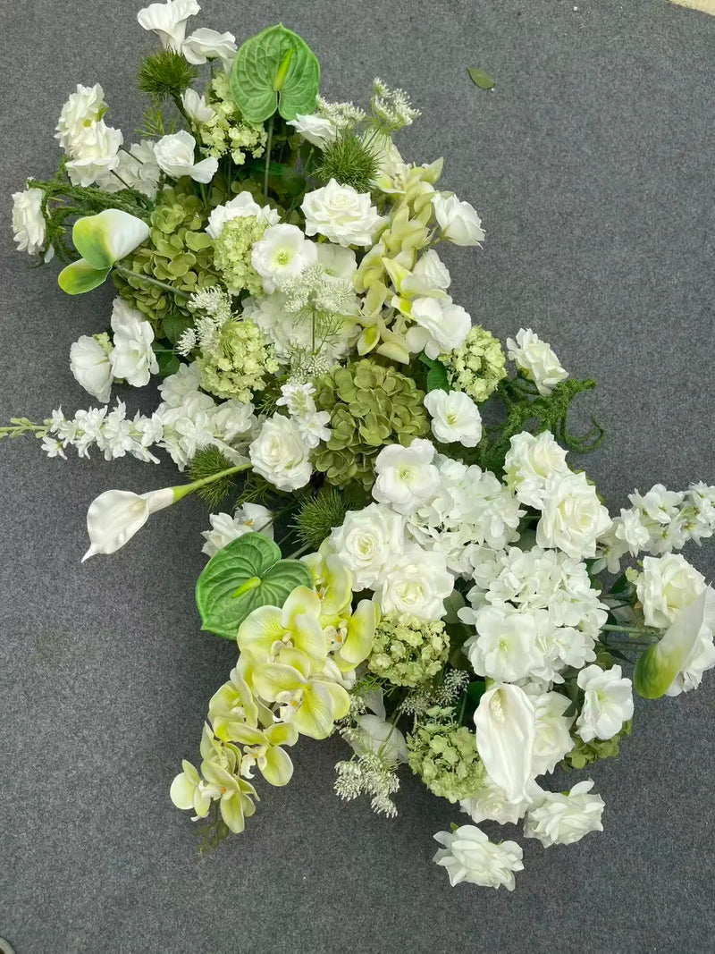 Fleurs pour Arche de Mariage, Rangée Florale 60, 100 ou 200 cm, coloris blanc et vert clair, hortensias