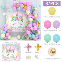 Kit Arche de Ballons Pastel, Rose, Bleu et Or, pastel multicolore avec fond licorne de 100 cm, 87 pièces
