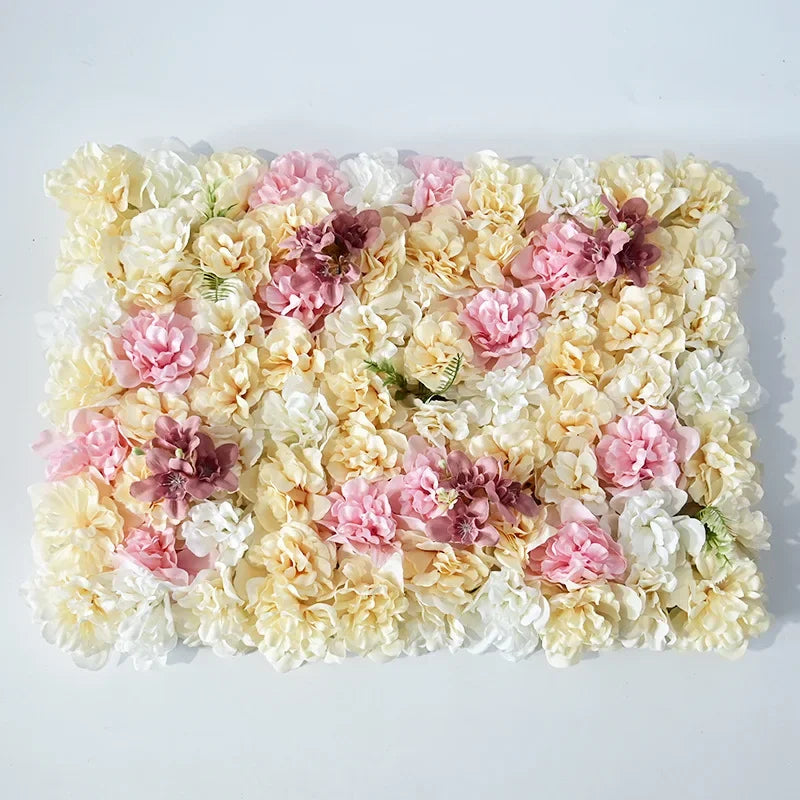 Mur de Fleurs Artificielles, coloris champagne et accents bordeaux