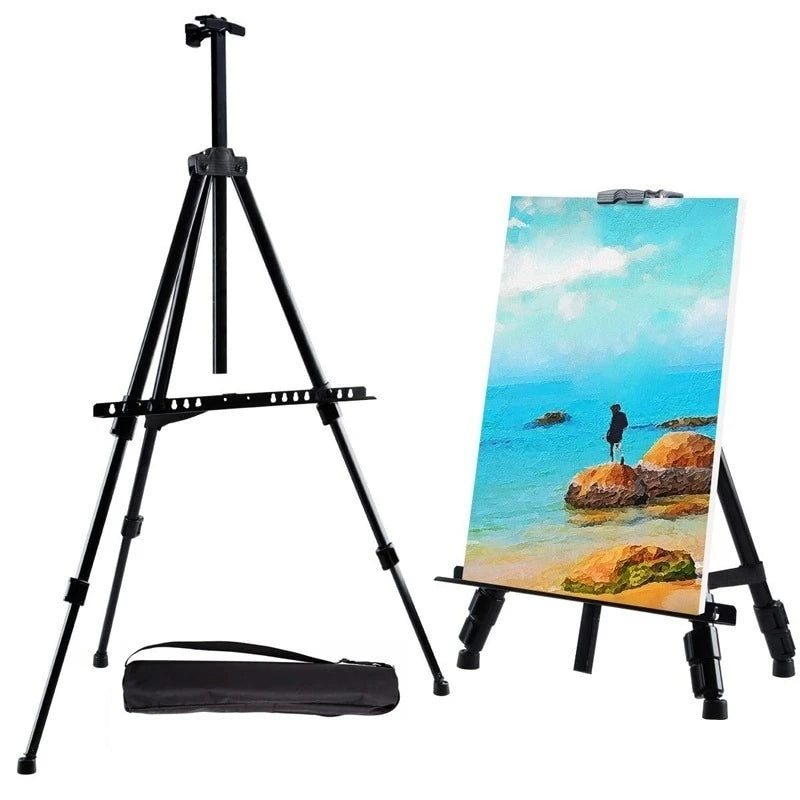 Chevalet Trépied Pliant en Aluminium Noir, Barre Horizontale et Sac Inclus