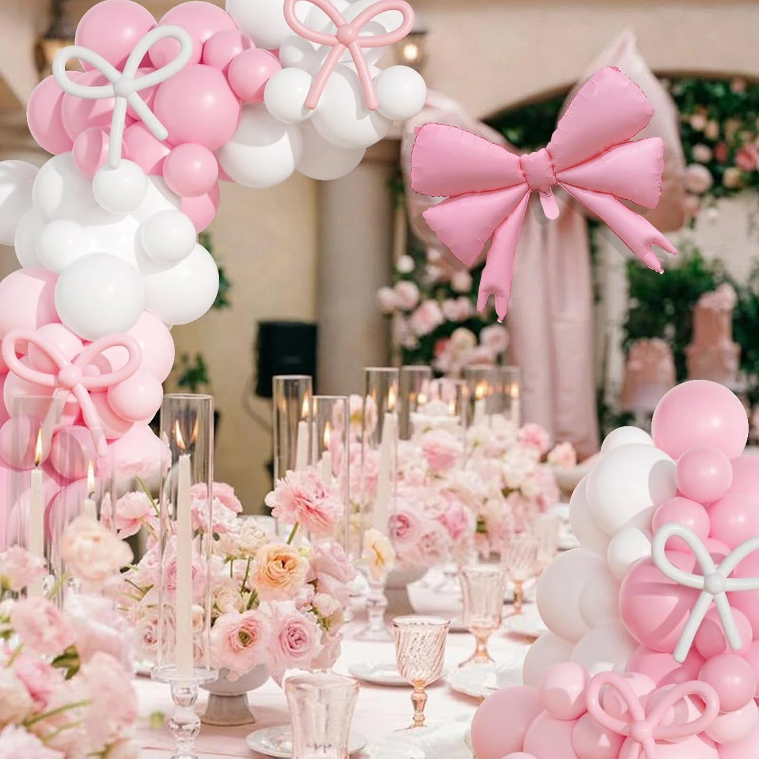 Kit Arche de Ballons Rose et Blanc avec Nœuds, 152 Pièces, vue d'ensemble