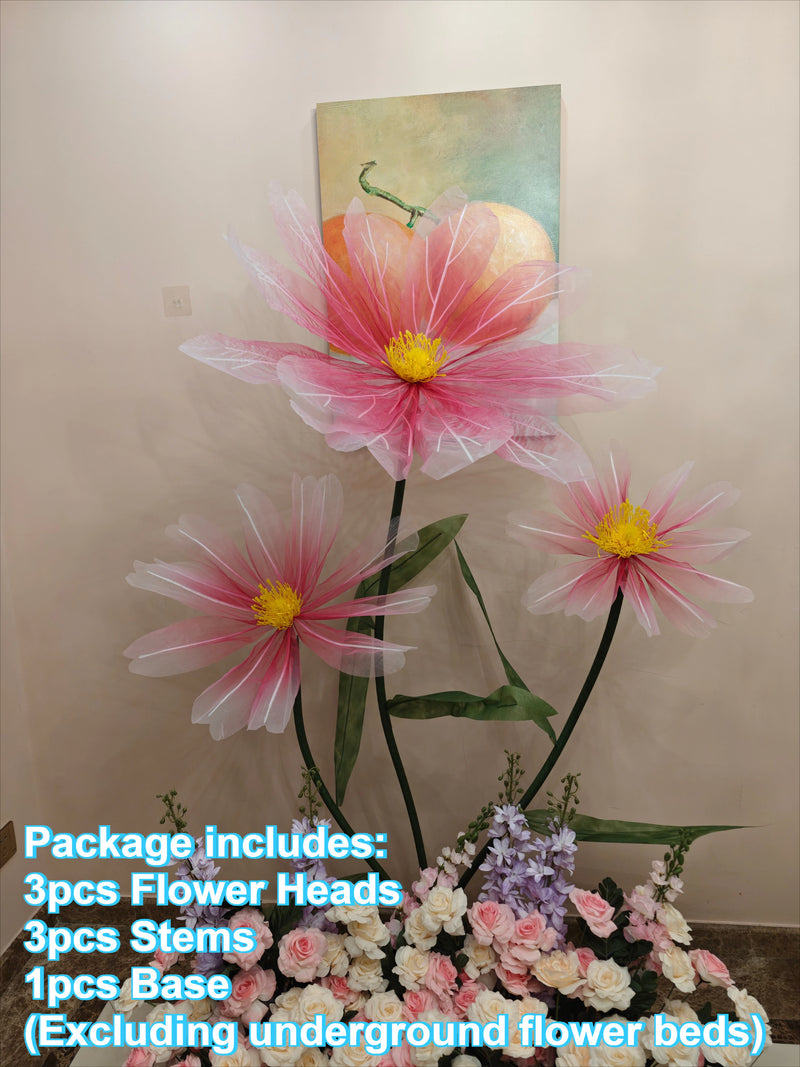 Décoration d'Allée de Mariage, 3 fleurs rose vif avec base