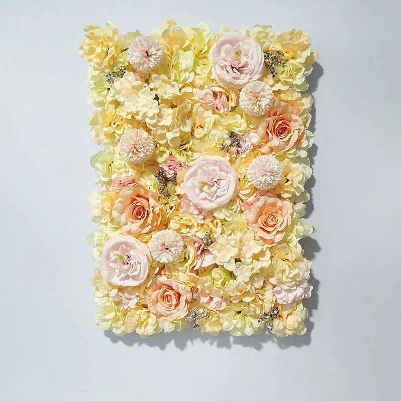 Mur de Fleurs Artificielles, Panneau de Roses 3D 60 × 40 cm, coloris jaune champagne et pêche