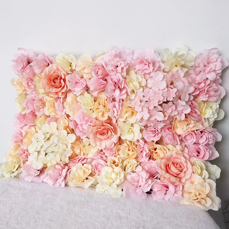 Mur de Fleurs Artificielles, coloris rose, pêche et crème