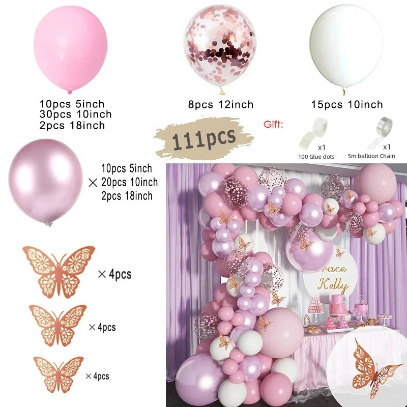 Kit Arche de Ballons Rose Poudré et Nude, 96 à 182 Pièces, rose, rose métallisé, blanc et papillons, 111 pièces
