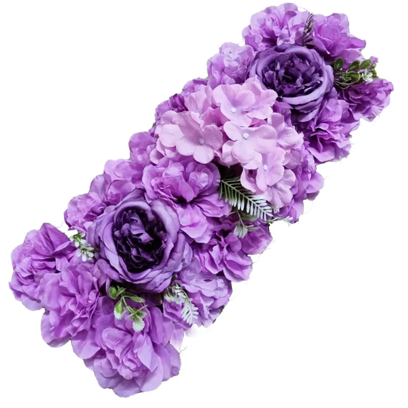 Rangée de Fleurs Artificielles Hortensias et Pivoines, coloris violet, lilas et pivoines violettes