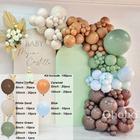 Kit Arche de Ballons Blanc Sable et Beige, café, caramel, blanc sable, bleu et vert sauge, 156 pièces