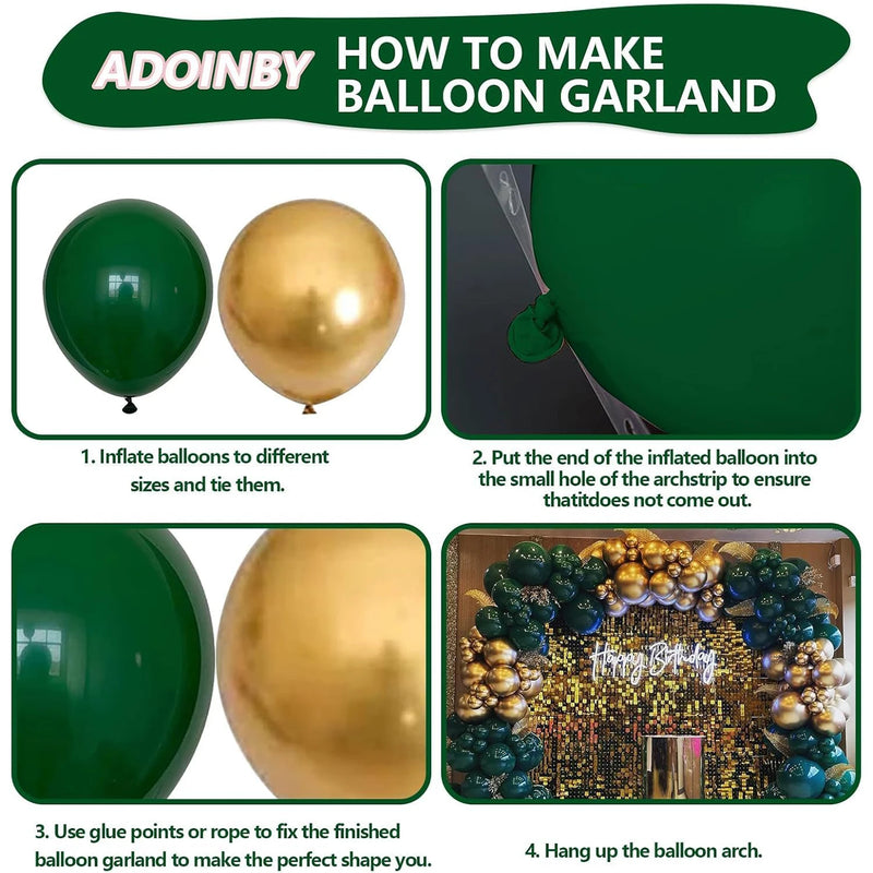 Kit arche de ballons vert foncé, vert sauge et or chromé, pour arche de mariage