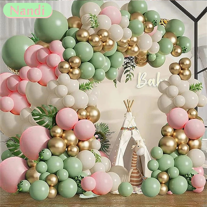 Kit Arche de Ballons Vert Sauge, Rose, Sable et Or, 125 Pièces, vue d'ensemble