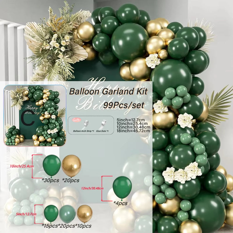 Kit arche de ballons vert foncé, vert sauge et or chromé, accessoires de montage inclus