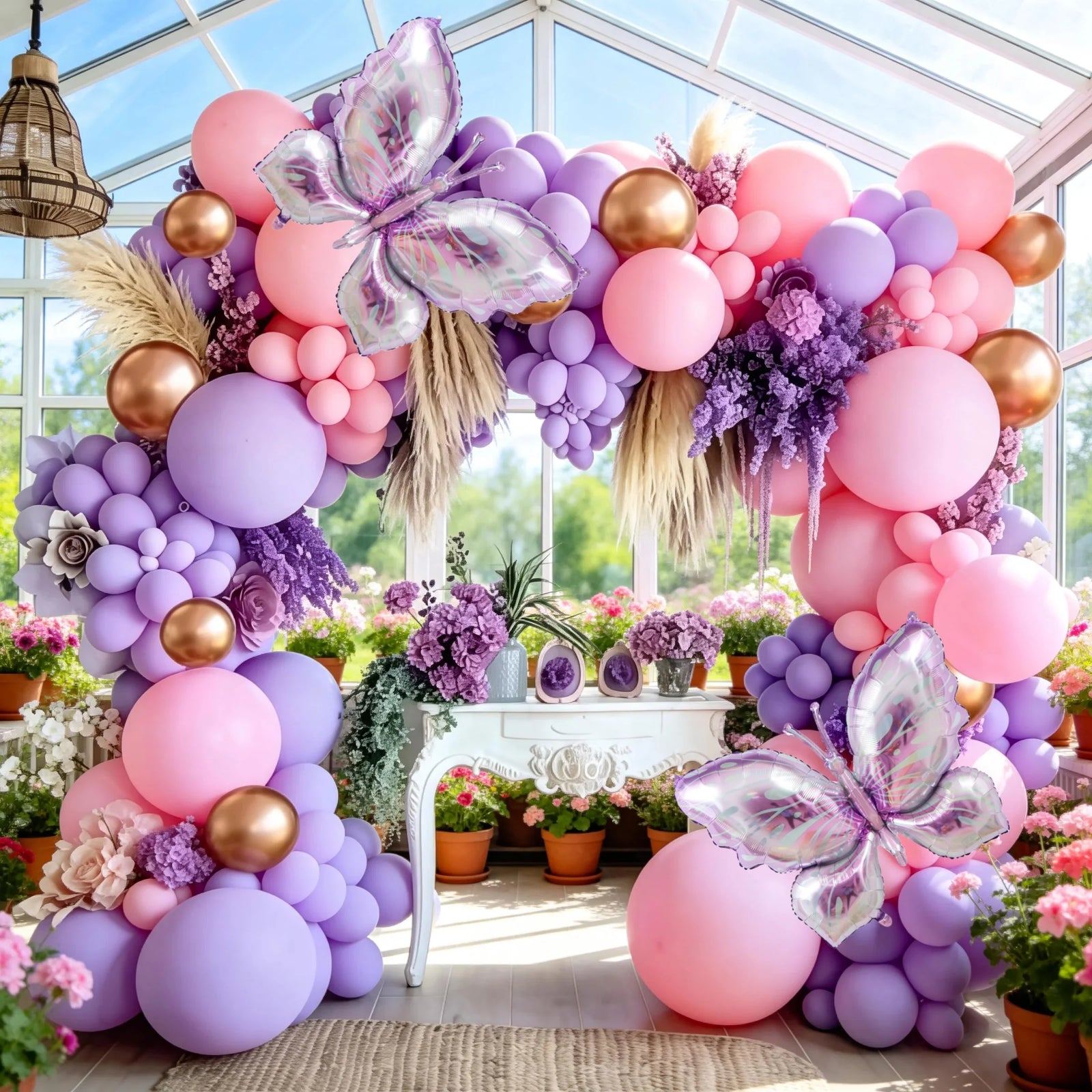 Kit Arche de Ballons Lilas et Rose avec 2 Papillons, vue d'ensemble