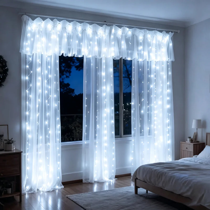 Rideau Lumineux LED 3 m de Large avec Télécommande, coloris blanc froid