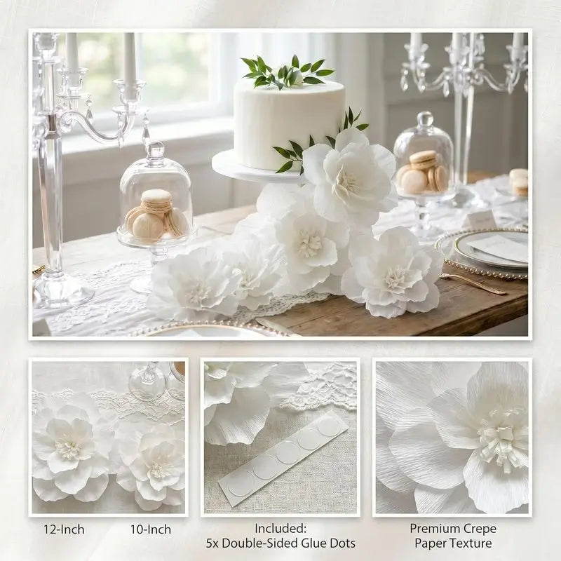Mur de Fleurs en Papier Blanc, Fleurs 3D de 20 à 30 cm, vue complémentaire 3