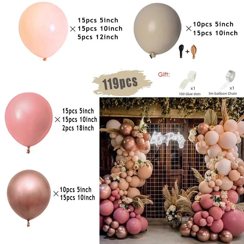 Kit Arche de Ballons Rose Poudré et Nude, 96 à 182 Pièces, pêche, taupe, vieux rose et cuivre, 119 pièces