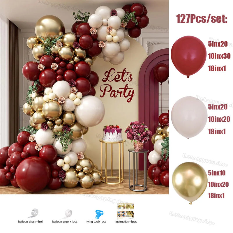 Kit Arche de Ballons Bordeaux et Or, 127 pièces, bordeaux, crème et or