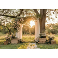 Toile de Fond Florale pour Photocall Mariage, jardin au soleil couchant, voile blanc