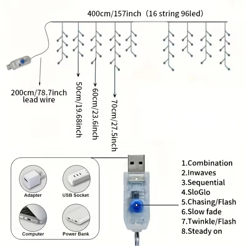 Rideau Lumineux Papillons LED, 400 cm de Large, 96 LED, USB, vue complémentaire 6
