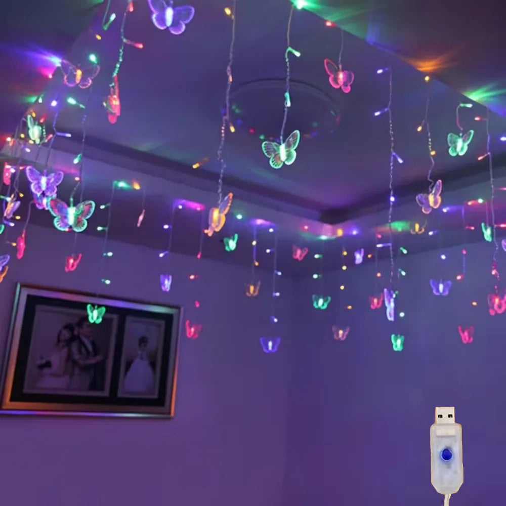 Rideau Lumineux Papillons LED, 400 cm de Large, 96 LED, USB, vue d'ensemble