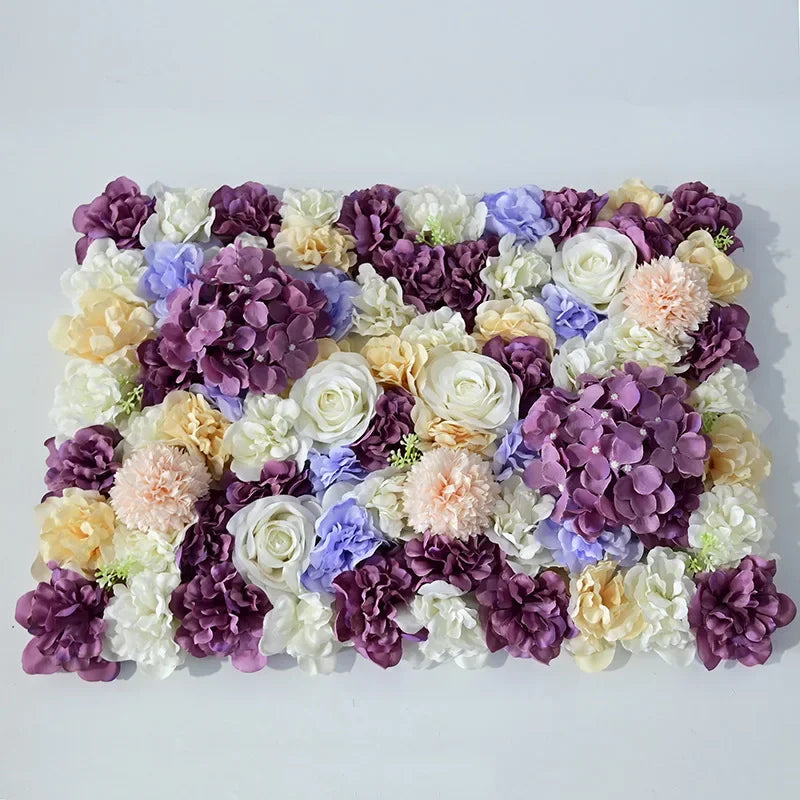 Mur de Fleurs Artificielles, coloris prune, blanc et pêche