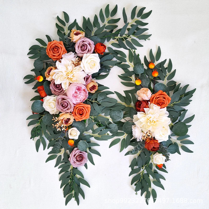 Fleurs et Voilages pour Arche de Mariage, paire de compositions, terracotta, orange et vieux rose