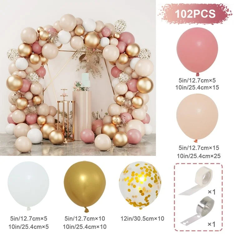 Kit Arche de Ballons Rose Poudré, Pêche et Or, kit 102 pièces, vieux rose, pêche, blanc et or