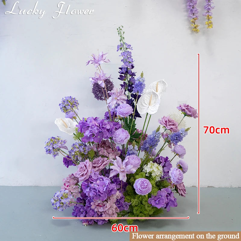 Compositions Florales Violettes pour Arche de Mariage, composition au sol violette, 60 × 70 cm