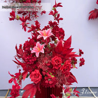 Fleurs Rouges pour Fond de Mariage, Roses, Lys et Anthuriums, composition boule, 50 × 50 × 65 cm