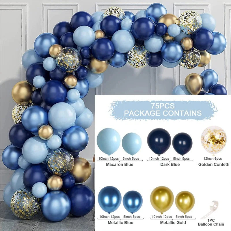 Kit Arche de Ballons Pastel, Rose, Bleu et Or, bleu macaron, bleu marine, bleu métallisé et or, 75 pièces