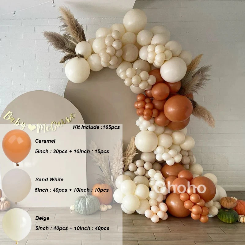 Kit Arche de Ballons Blanc Sable et Beige, caramel, blanc sable et beige, 165 pièces