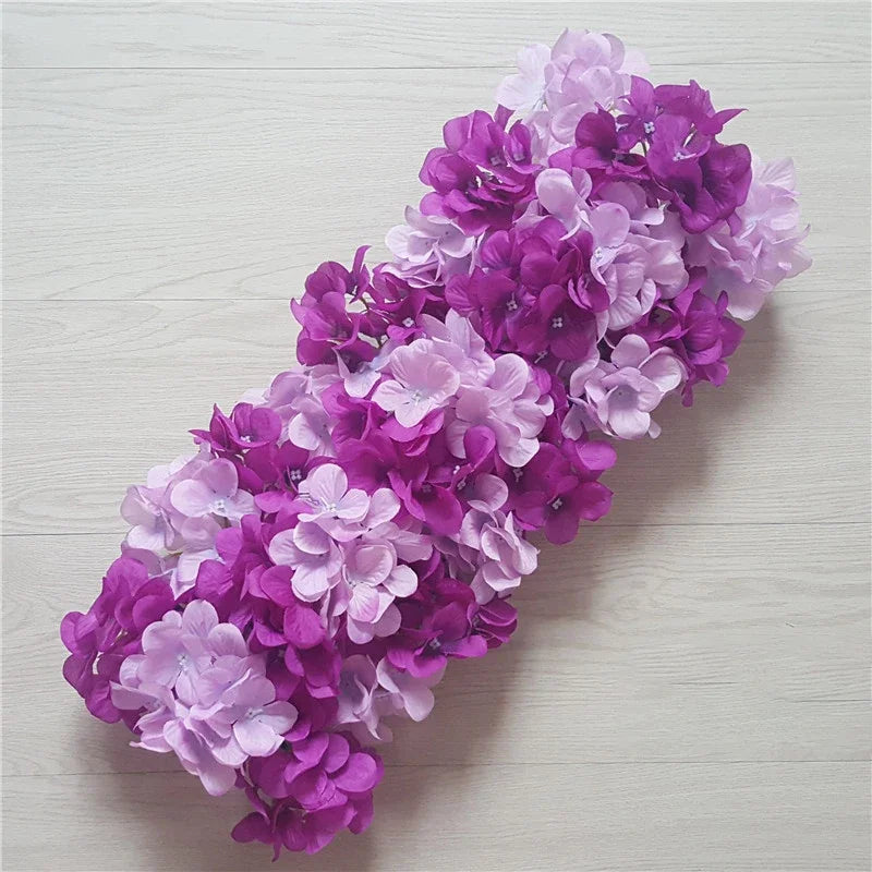 Rangée de Fleurs Artificielles Hortensias et Pivoines, coloris violet et lilas, hortensias