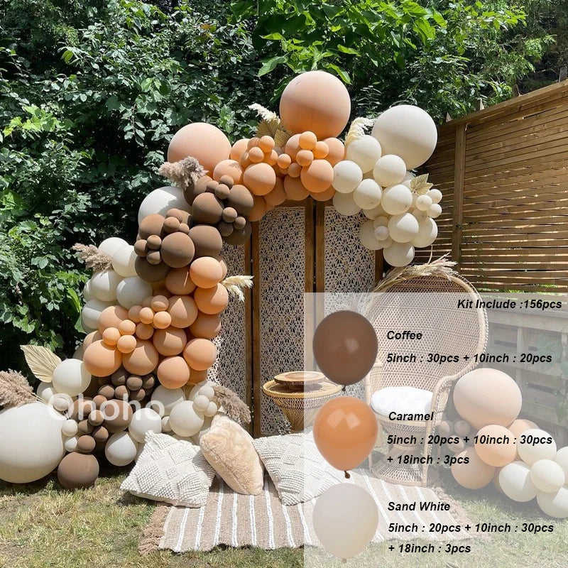Kit Arche de Ballons Blanc Sable et Beige, café, caramel et blanc sable, 156 pièces
