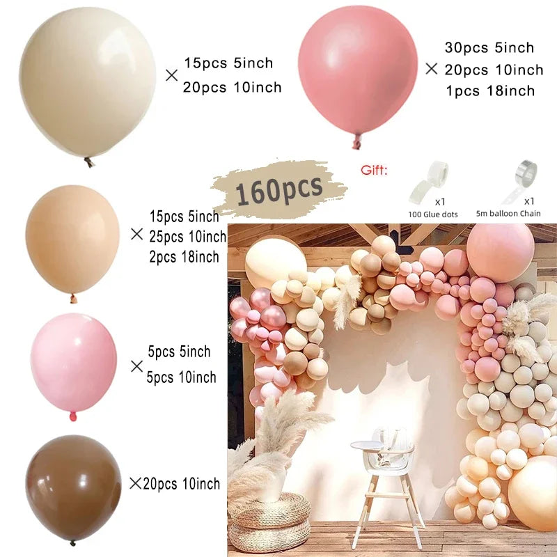 Kit Arche de Ballons Rose Poudré et Nude, 96 à 182 Pièces, sable, vieux rose, nude, rose pâle et chocolat, 160 pièces