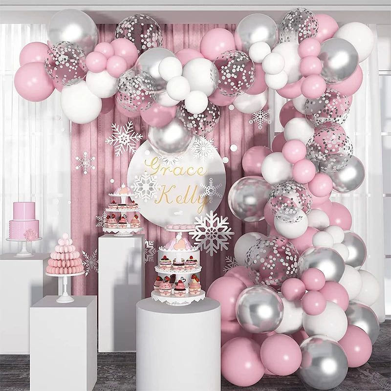 Kit Arche de Ballons Rose, Blanc et Argent, 115 Pièces, vue d'ensemble