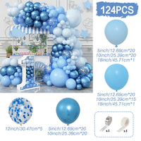 Kit Guirlande Arche de Ballons Bleu, bleu pastel, bleu ciel, bleu métallisé et confettis bleus, 124 pièces