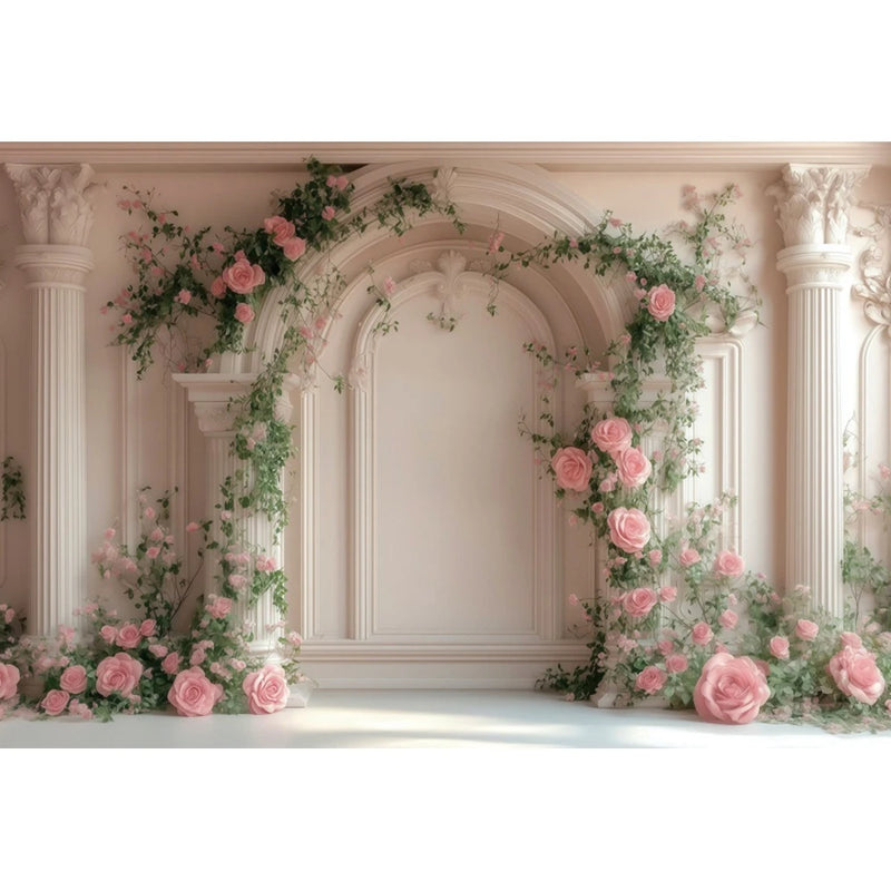 Toile de Fond Florale pour Photocall Mariage, arche blanche à colonnes, roses pâles