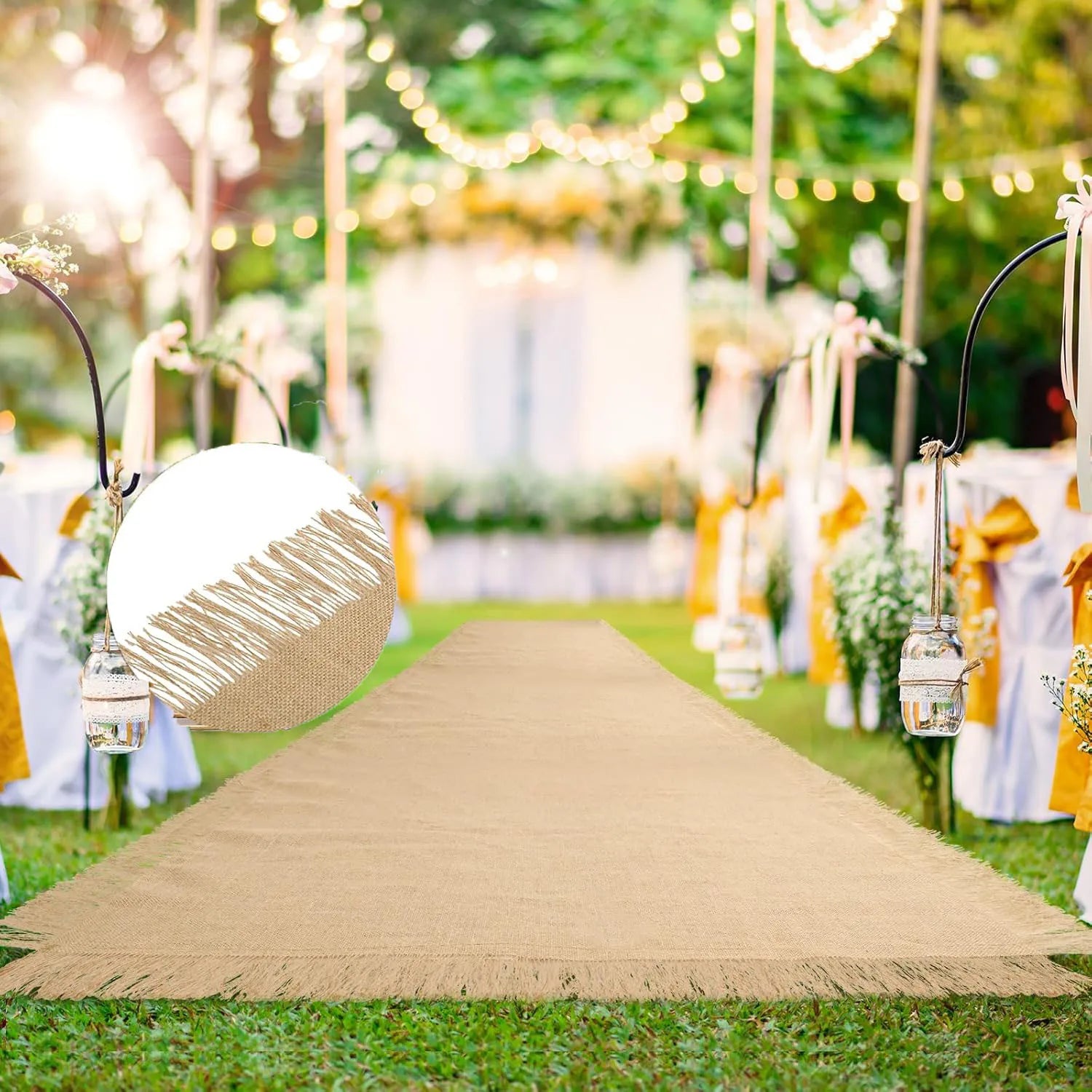 Tapis d'Allée Mariage Champêtre en Toile de Jute, toile de jute, bords frangés