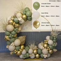 Kit Arche de Ballons Vert Sauge et Sable, vert avocat, blanc sable et or chromé, 130 pièces
