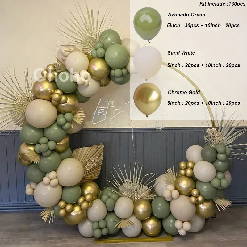 Kit Arche de Ballons Vert Sauge et Sable, vert avocat, blanc sable et or chromé, 130 pièces