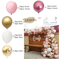 Kit Arche de Ballons Rose Poudré et Nude, 96 à 182 Pièces, rose, framboise métallisé, or, blanc et confettis dorés
