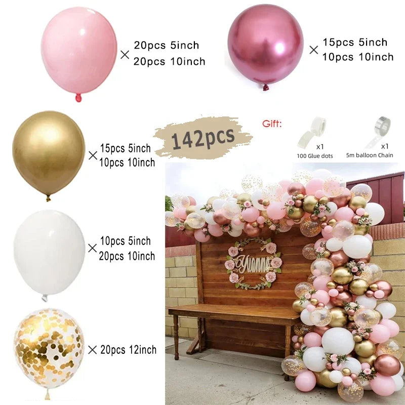 Kit Arche de Ballons Rose Poudré et Nude, 96 à 182 Pièces, rose, framboise métallisé, or, blanc et confettis dorés