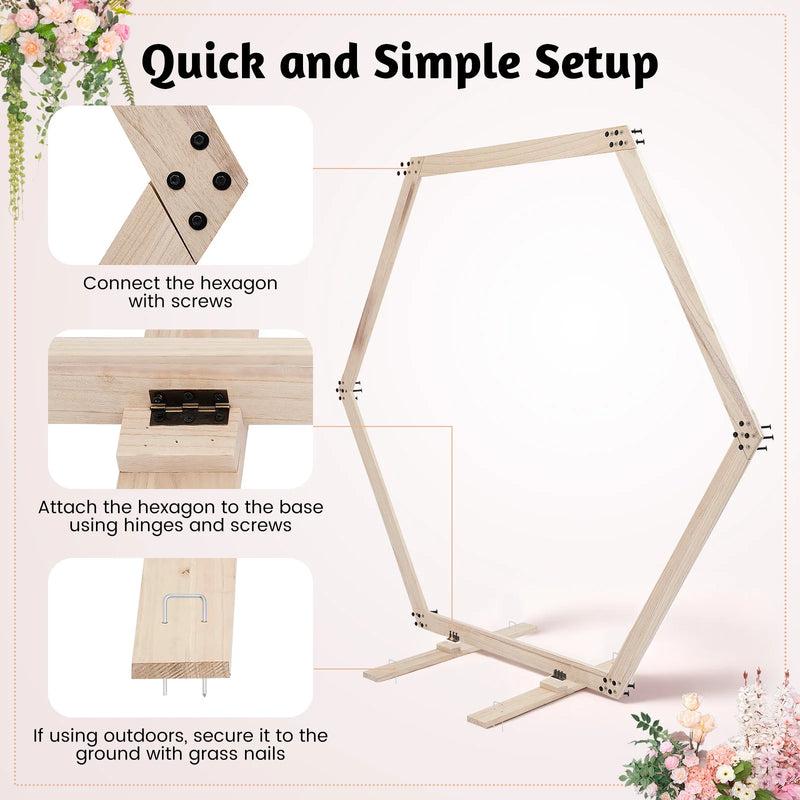 Arche de mariage en bois hexagonale naturel, pour encadrer la cérémonie