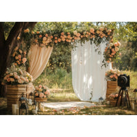 Toile de Fond Florale pour Photocall Mariage, arche de fleurs pêche et appareil photo ancien