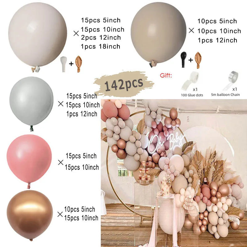 Kit Arche de Ballons Rose Poudré et Nude, 96 à 182 Pièces, sable, taupe, gris, vieux rose et cuivre, 142 pièces