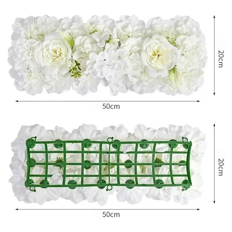 Rangée de Fleurs Artificielles Hortensias et Pivoines, coloris blanc et ivoire, pivoines et hortensias