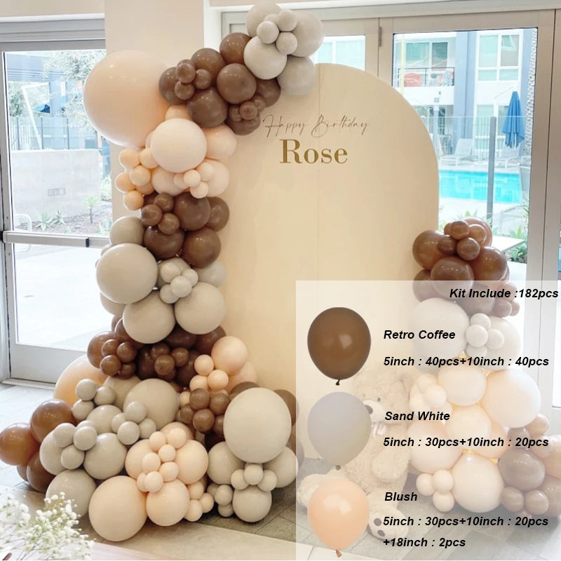 Kit Arche de Ballons Blanc Sable et Beige, café, blanc sable et rose poudré, 182 pièces (dominante café)